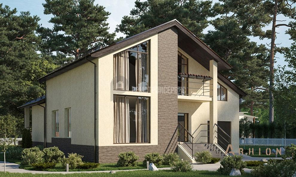 3. Проект одноэтажного дома в стиле шале с двускатной кровлей, t-13-01, площадью - 370 кв c цокольным этажом, мансардой, терассой, балконом